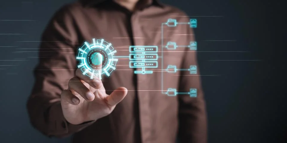 Man touch screen to manage data,Document Management System (DMS),knowledge .. Stock Photos