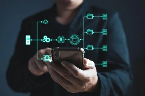 Man touch screen to manage data,Document Management System (DMS),knowledge .. Stock Photos