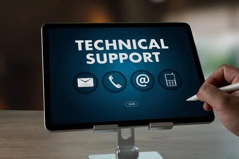 Man touch screen Technical Support Center Customer Service Business Technol.. Stock Photos