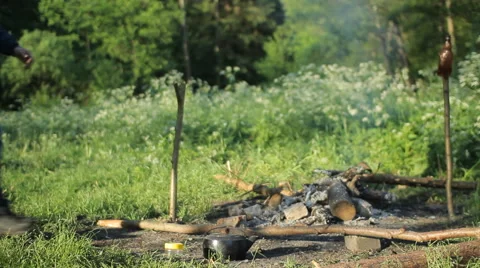 Man touch smartpwatch in camping Stock Footage 64058141