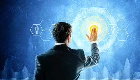 Man touch virtual screen. Glow elements Foto stock