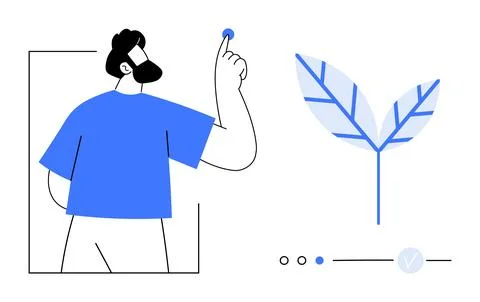 Man touches a button, large leaf with branches, three circles and checkmark.  Ilustración de archivo