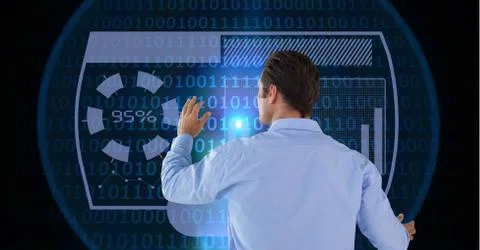 Man touches graph over binary interface Stock Photos