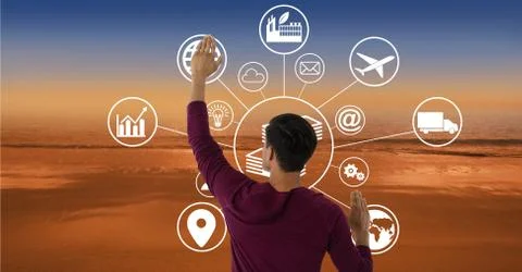 Man touches interface with back background Stock Photos