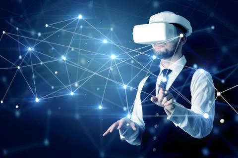 Man touching 3D connectivity and network signs Stock Photos