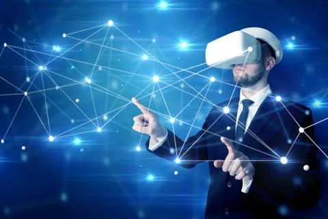 Man touching 3D connectivity and network signs Foto stock