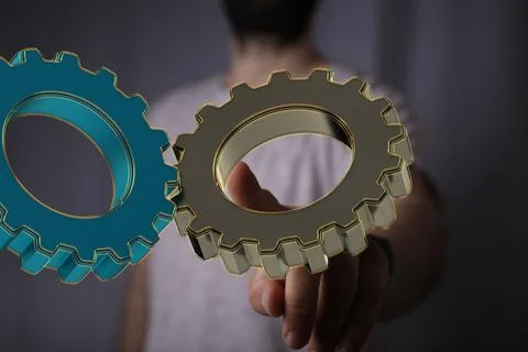 Man touching 3D rendered settings signs Stock Photos