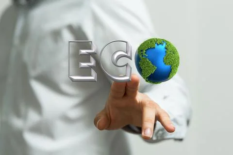 Man touching the 3d transparent ECO word with the globe shape icon. Ecology conc Stock Photos