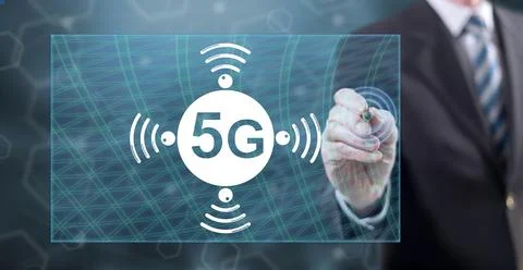 Man touching a 5g concept Stock-Fotos