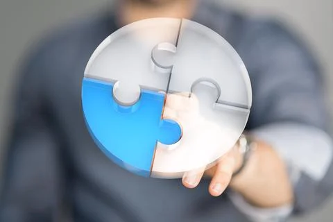 Man touching an abstract circle 3D rendering with puzzle pieces Stock Photos