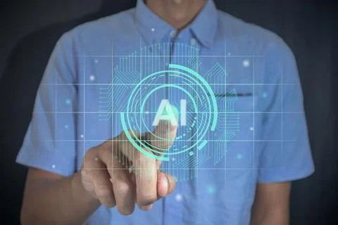 Man touching AI icon on virtual screen. Artificial intelligence and future .. 写真素材