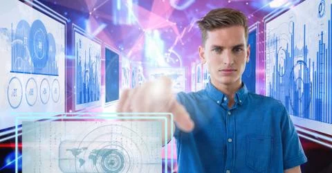 Man touching and interacting with technology interface panels 스톡 사진