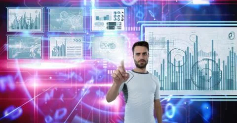 Man touching and interacting with technology interface panels Stock Photos