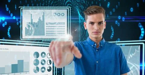 Man touching and interacting with technology interface panels Stock Photos