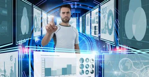 Man touching and interacting with technology interface panels Stock Photos