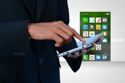 Man touching the  app icons in digital tablet Stock Illustration