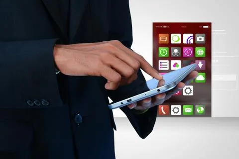 Man touching the  app icons in digital tablet Stock Illustration