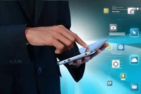 Man touching  app icons in the digital tablet Stock Illustration