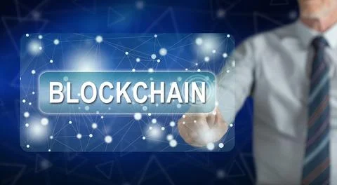 Man touching a blockchain concept Stock-Fotos