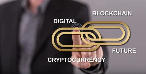 Man touching a blockchain concept on a touch screen Stock Photos