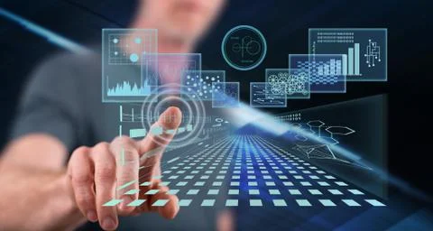 Man touching a business digital interface concept Stock Photos