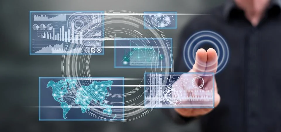 Man touching a business digital interface concept Stock Photos