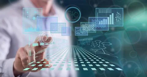 Man touching a business digital interface concept Foto stock