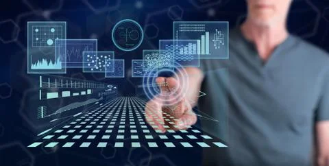 Man touching a business digital interface concept Stock Photos