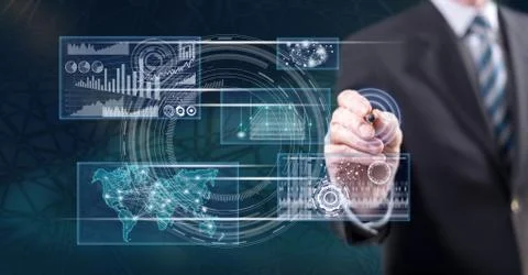 Man touching a business digital interface concept Stock Photos