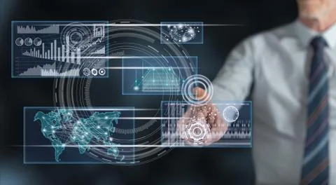 Man touching a business digital interface concept Stock Photos