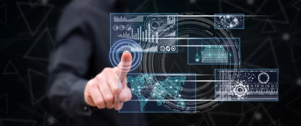Man touching a business digital interface concept Stock Photos