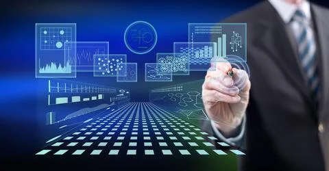 Man touching a business digital interface concept Stock Photos