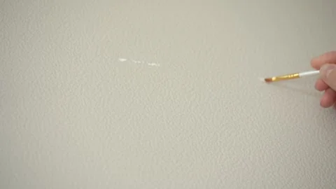 The man is touching up the chips on the wallpaper with a paintbrush. Vídeos de archivo 346547004