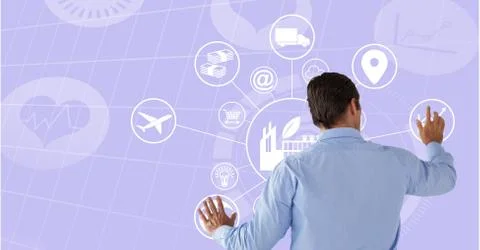 Man touching circle interface with purple background Stockfoto's