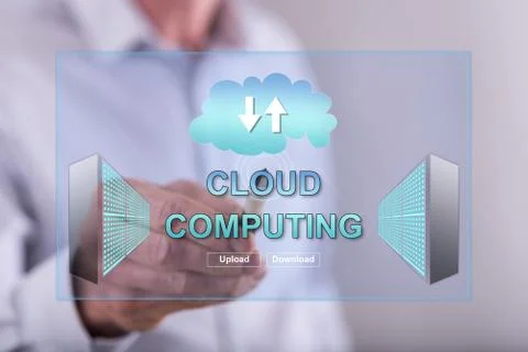 Man touching a cloud computing concept on a touch screen Stock Photos