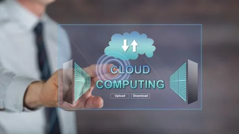 Man touching a cloud computing concept on a touch screen 写真素材