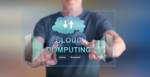 Man touching a cloud computing concept on a touch screen 스톡 사진