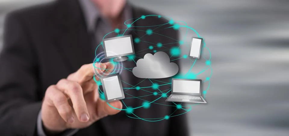 Man touching a cloud computing concept Stock Photos