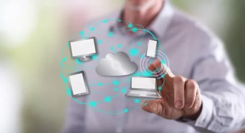 Man touching a cloud computing concept 스톡 사진