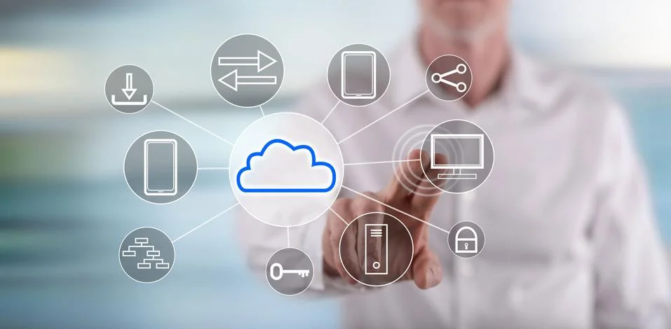 Man touching a cloud computing concept Foto stock