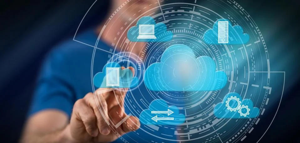 Man touching a cloud computing concept 스톡 사진