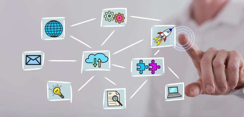 Man touching a cloud computing concept Stock-Fotos