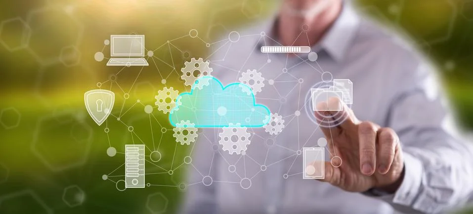 Man touching a cloud computing concept 스톡 사진