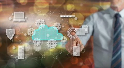 Man touching a cloud computing concept 스톡 사진