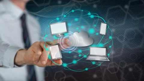 Man touching a cloud computing concept Stockfoto's