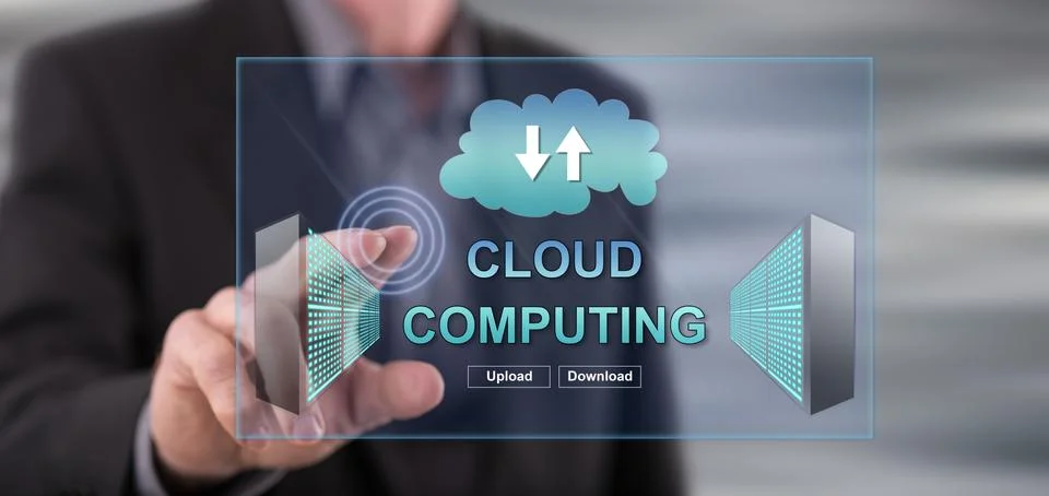Man touching a cloud computing concept 스톡 사진