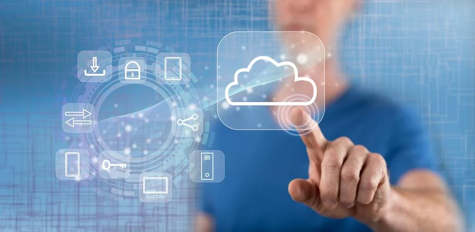 Man touching a cloud computing concept Foto stock
