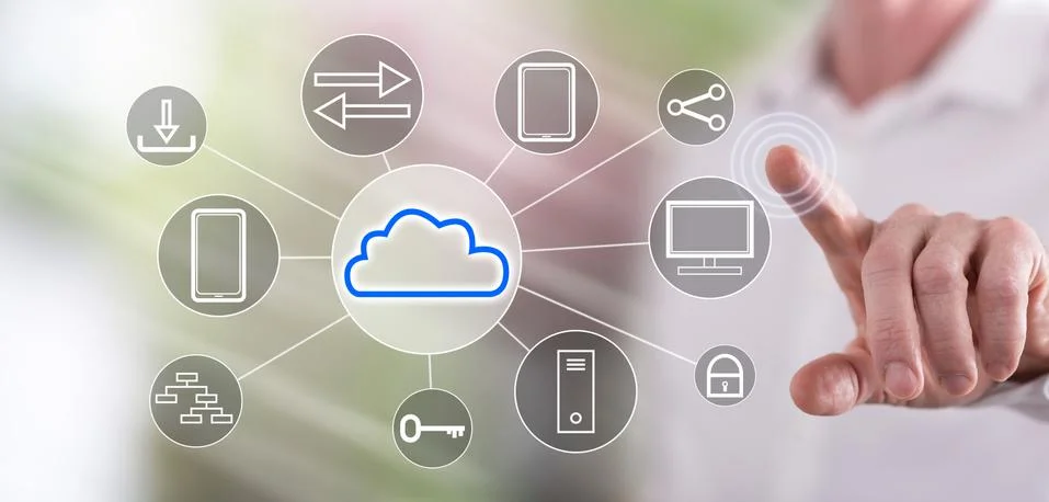 Man touching a cloud computing concept 스톡 사진