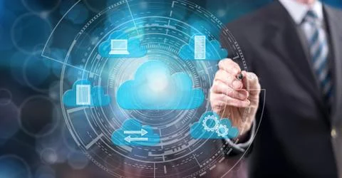 Man touching a cloud computing concept Stock Photos