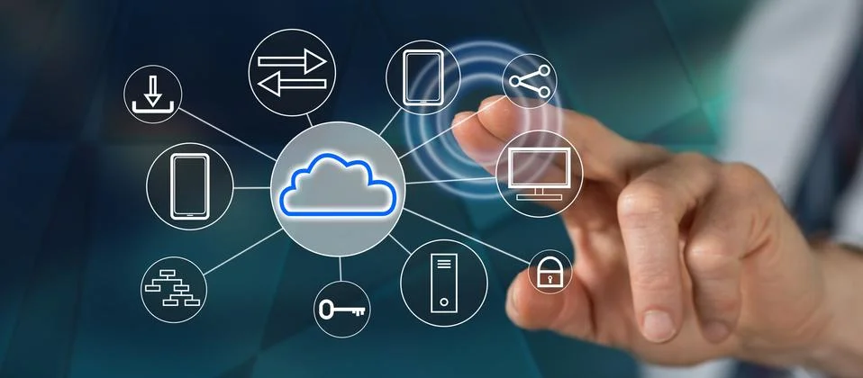 Man touching a cloud computing concept Stock Photos